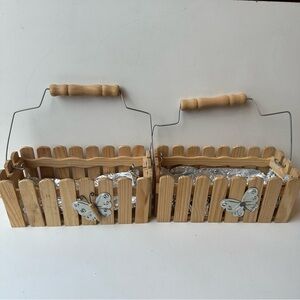 Set of 2 Rustic Wood Picket Fence Baskets Butterfly Garden Planter Decor 7.5"
